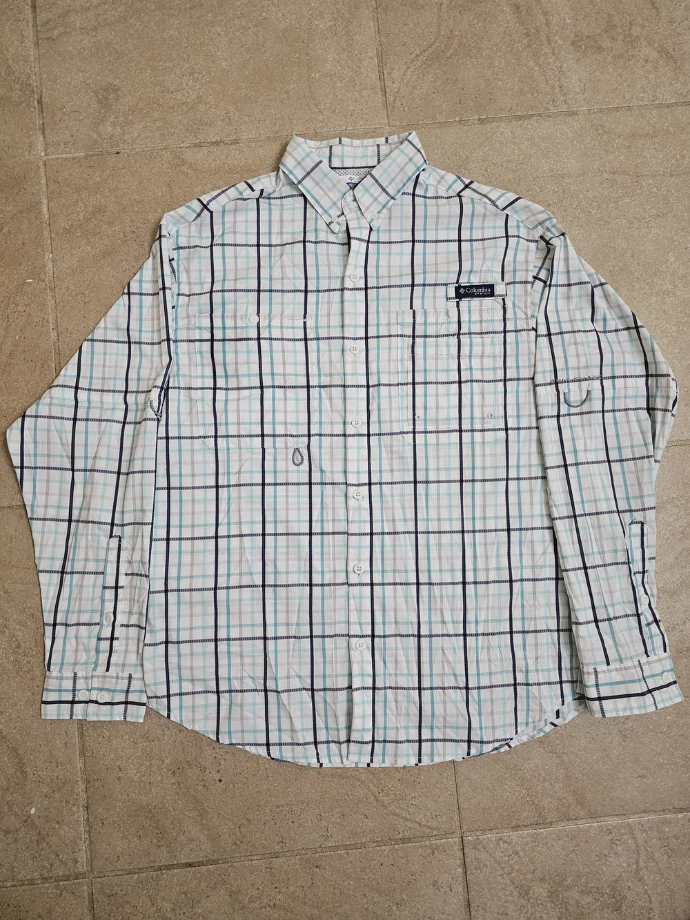 Columbia PFG Omni-Shade Men's Medium Plaid Long Sleeve Fishing Shirt White Blue